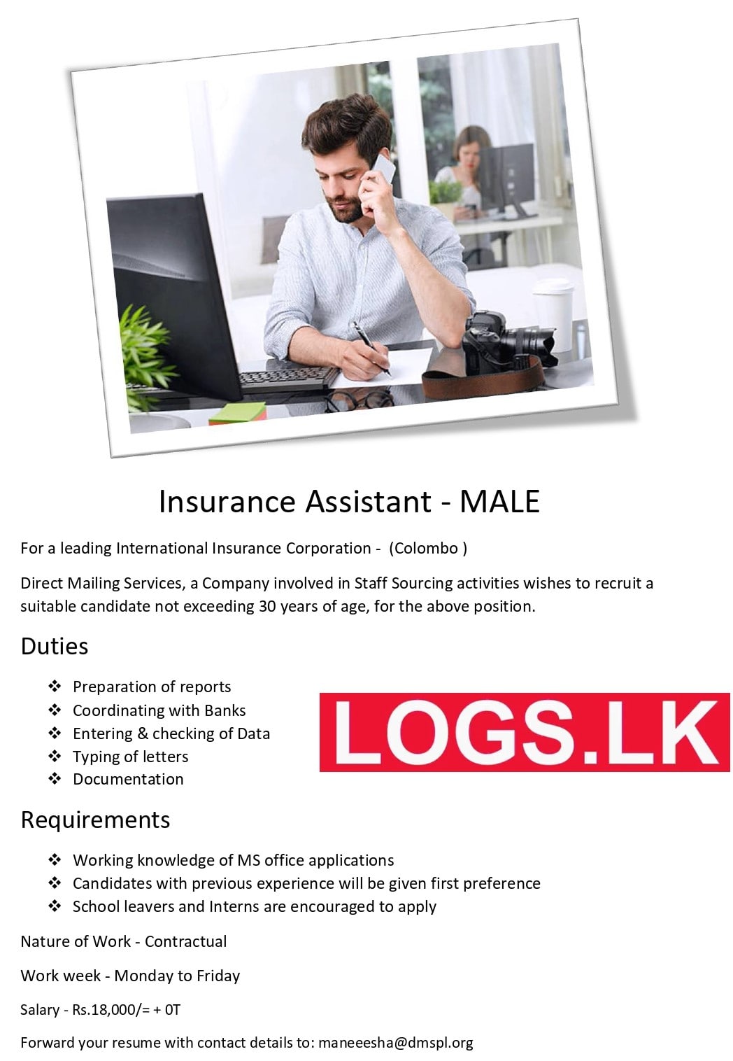 Insurance Assistant MALE Job Vacancy in Direct Mailing Services Jobs Vacancies