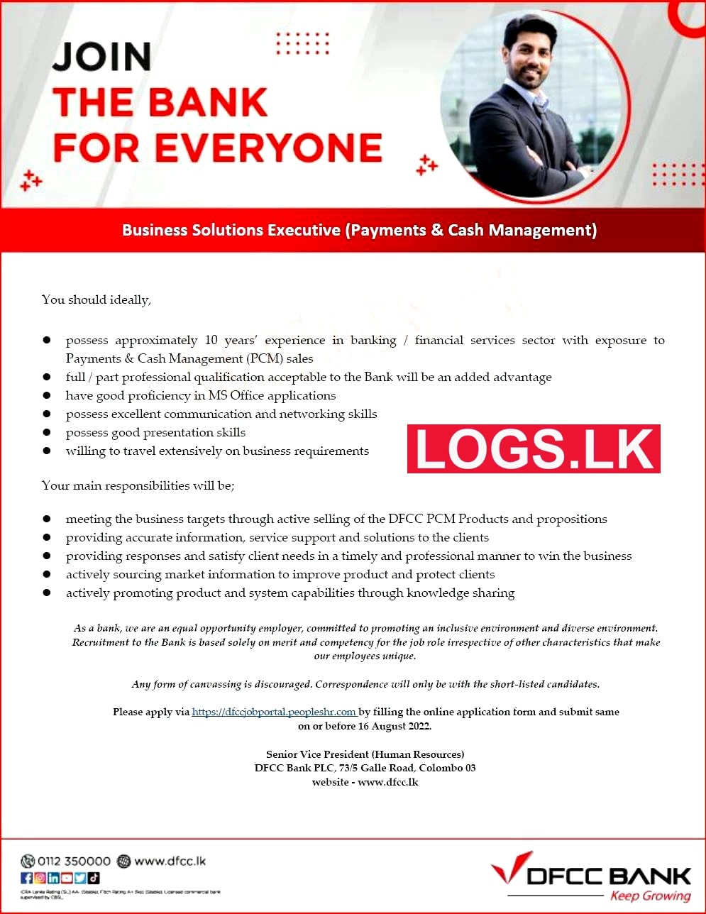 Business Solutions Executive (Payments & Cash Management) - DFCC Bank Jobs Vacancies
