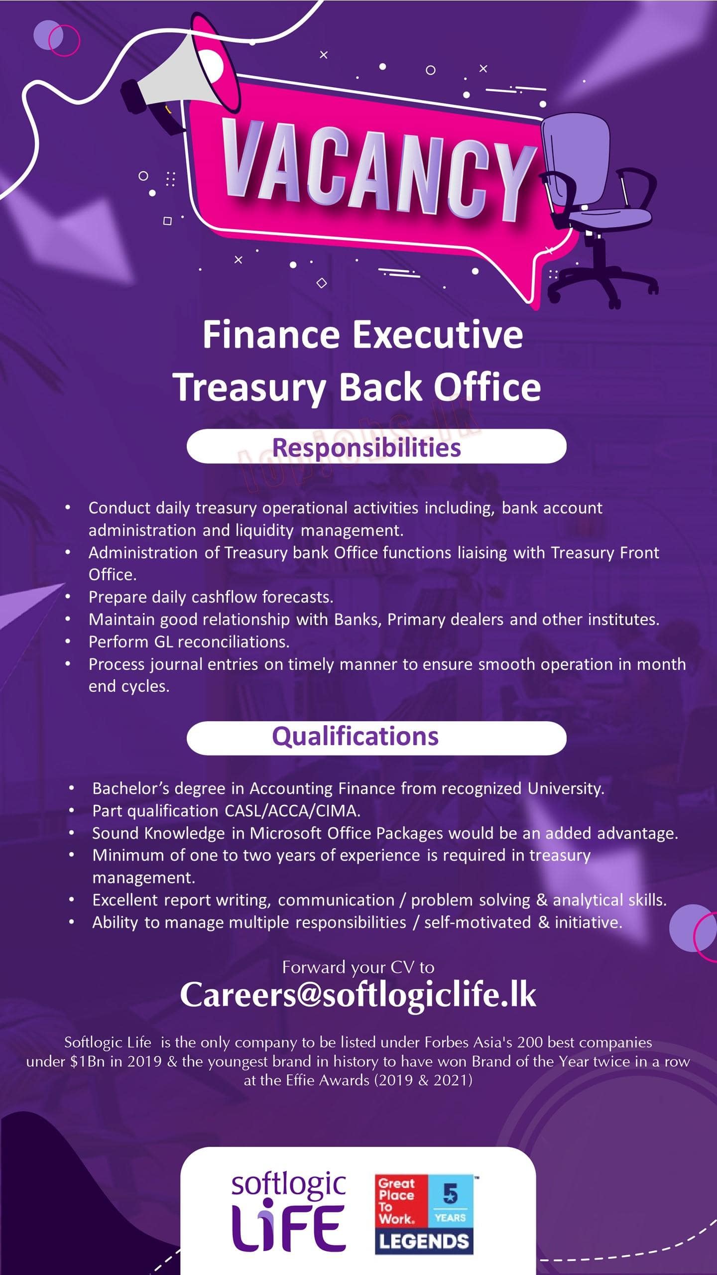 Finance Executive - Treasury Back Office Vacancy Softlogic Life Jobs Vacancies