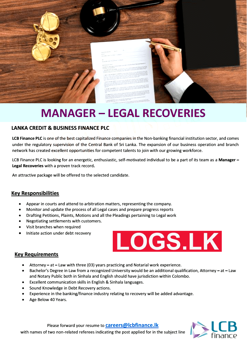 Manager of Legal Recoveries Job Vacancy in LCB Finance Jobs Vacancies Details, Application