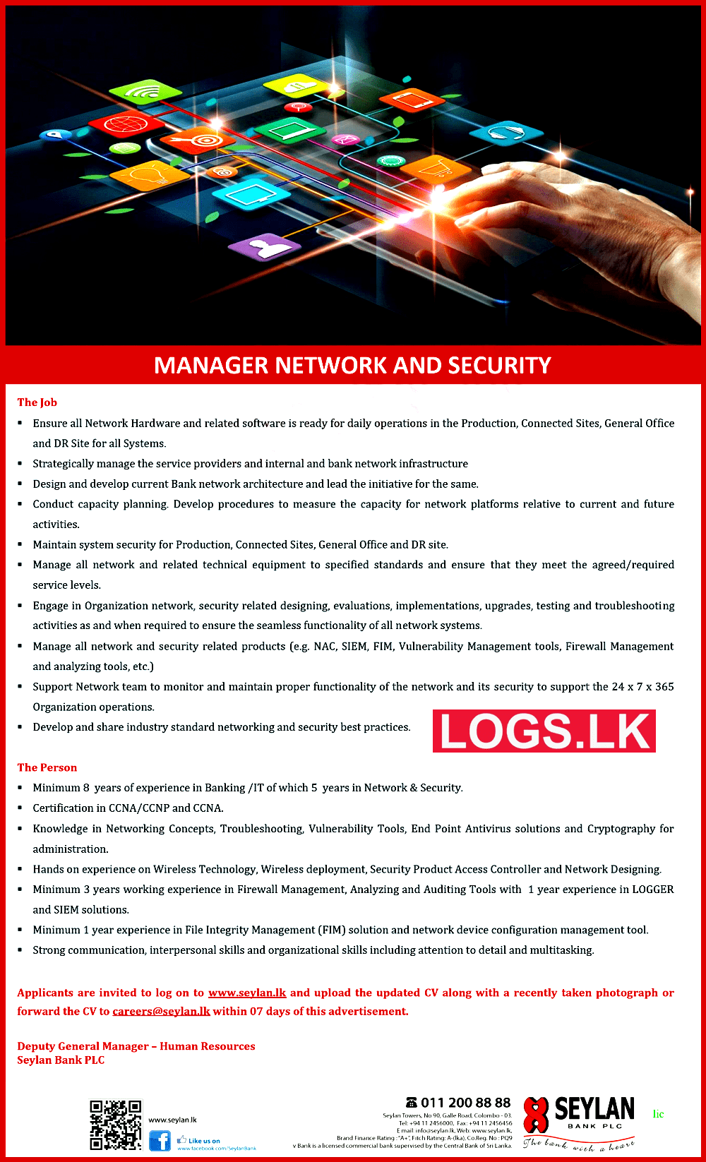 Manager of Network and Security Job Vacancy in Seylan Bank PLC Jobs Vacancies Details