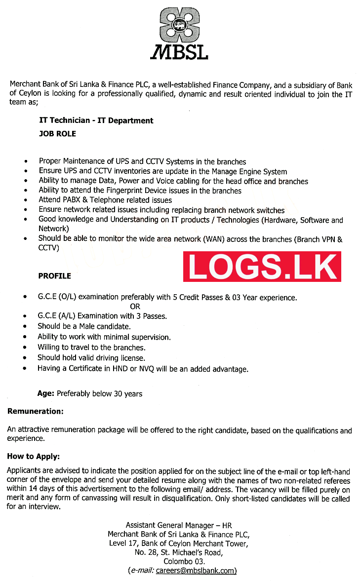 IT Technician - IT Department Job Vacancy in MBSL Bank Jobs Vacancies