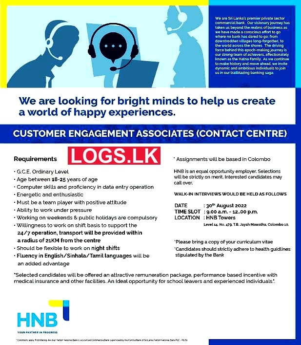 Customer Engagement Associates (Contact Center) Vacancies in HNB Bank