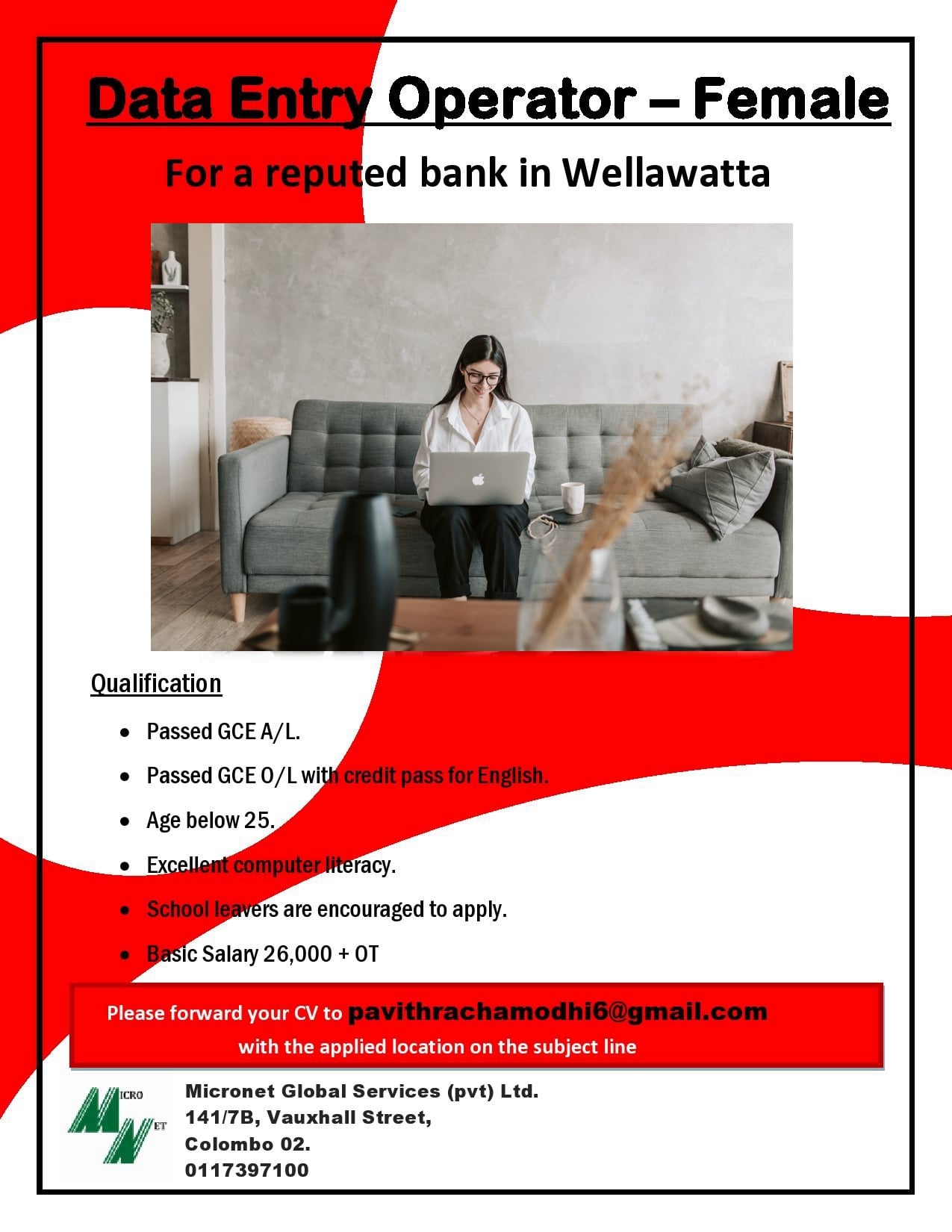 Female Bank Data Entry Operator Job Vacancy in Wellawatte Jobs Vacancies