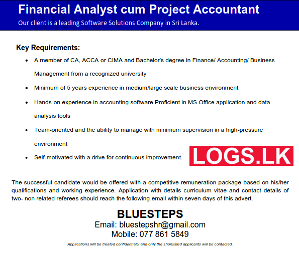 Financial Analyst Cum Project Accountant Vacancy in BlueSteps Jobs Vacancies