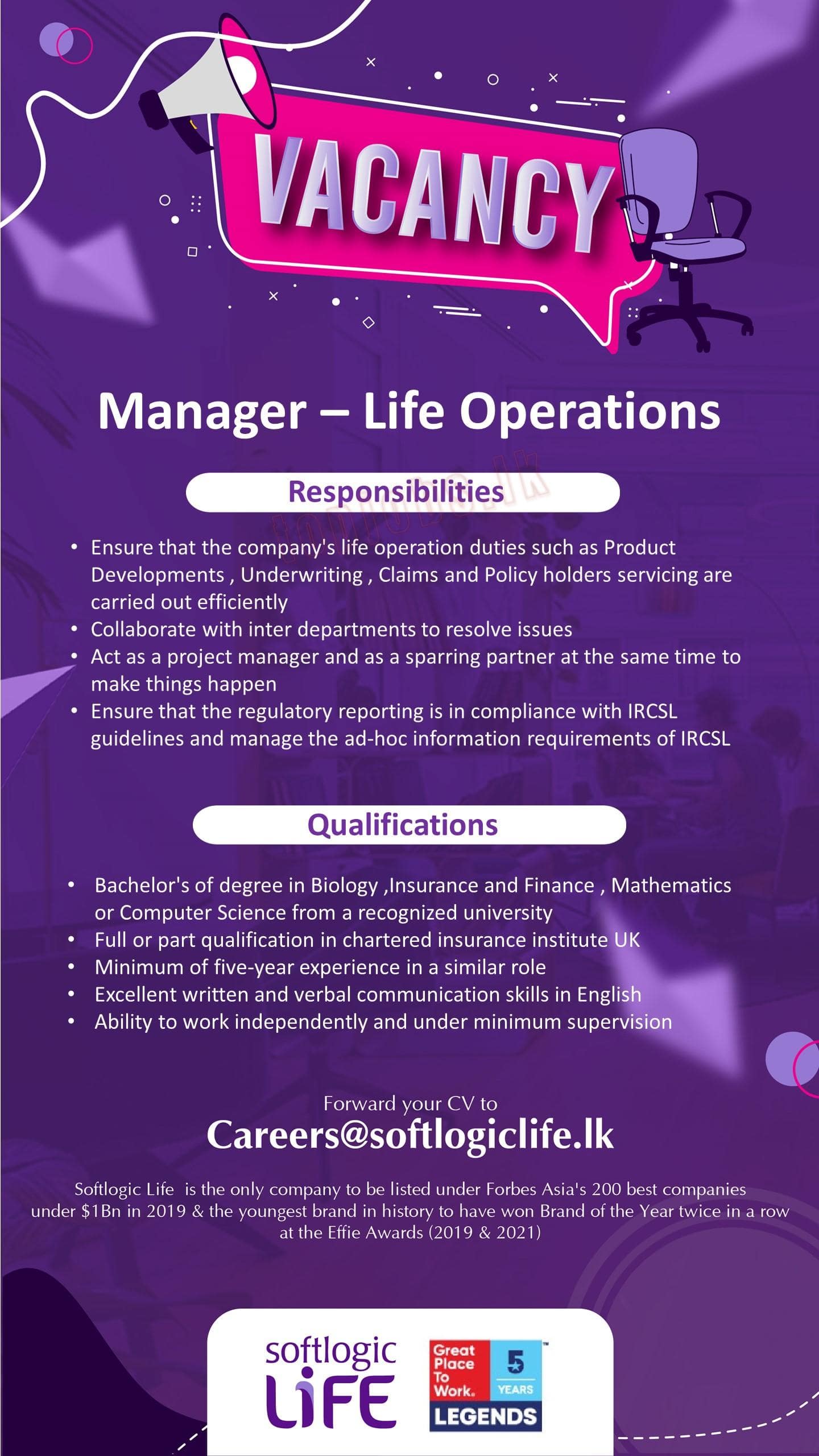 Manager of Life Operations Job Vacancy Softlogic Life Insurance Jobs Vacancies