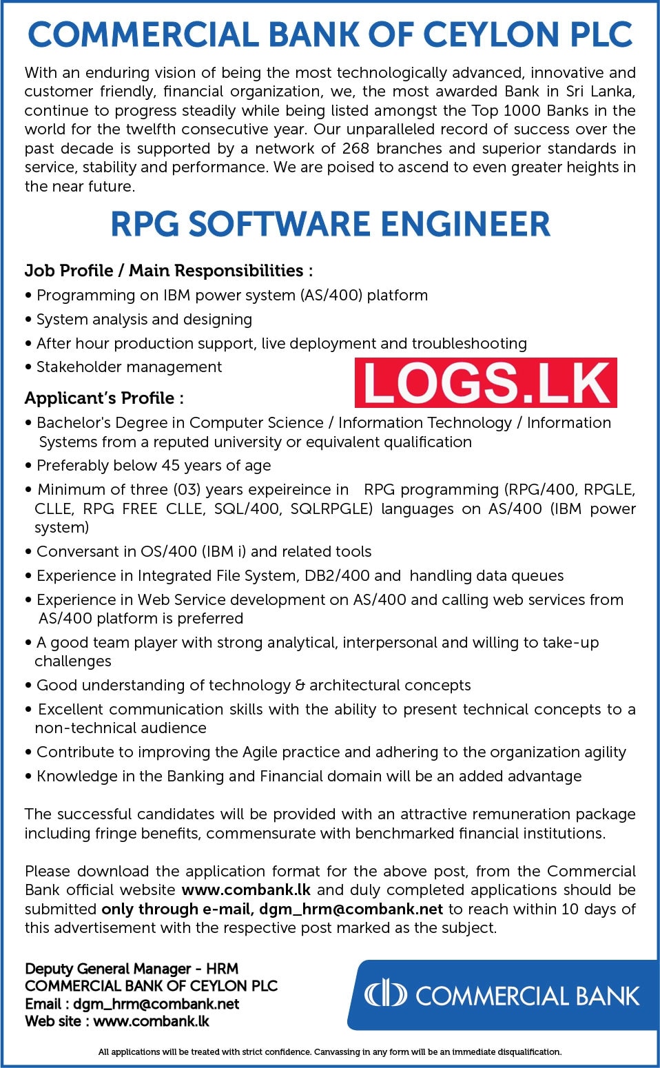 RPG Software Engineer Job Vacancy in Commercial Bank Jobs Vacancies
