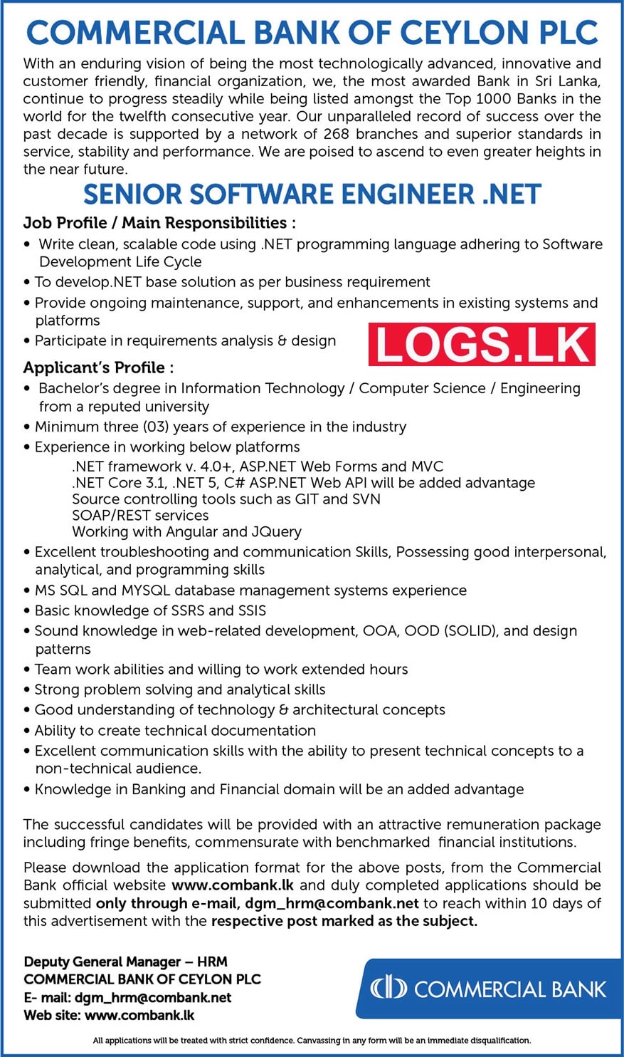 Senior Software Engineer .Net Job Vacancy in Commercial Bank Jobs Vacancies