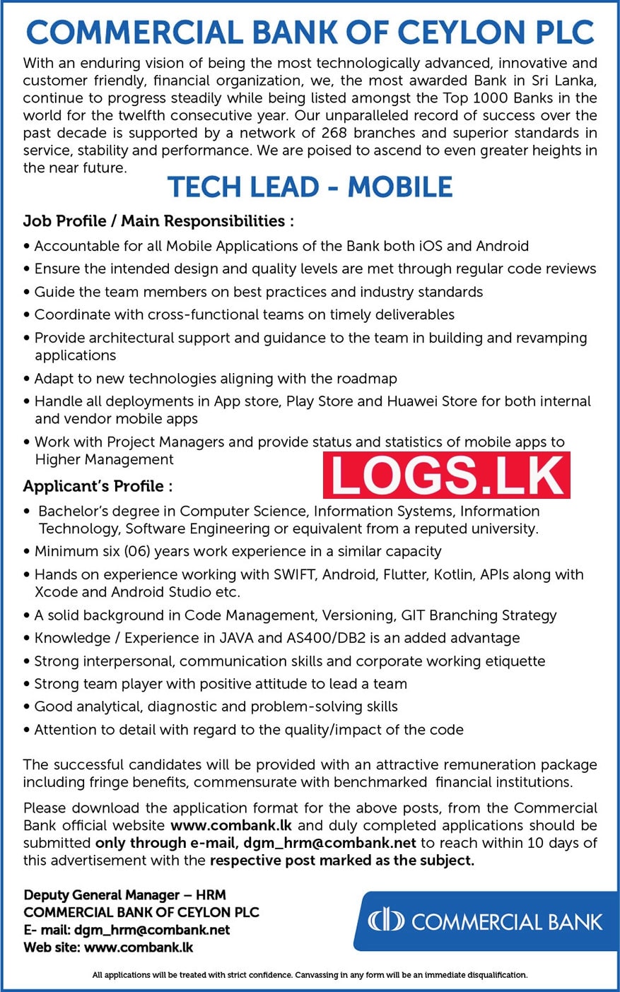 Tech Lead - Mobile Job Vacancy in Commercial Bank Jobs Vacancies