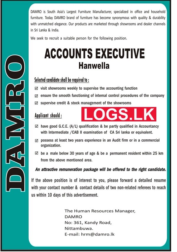 Accounts Executive Job Vacancy in DAMRO Jobs Vacancies in Sri Lanka