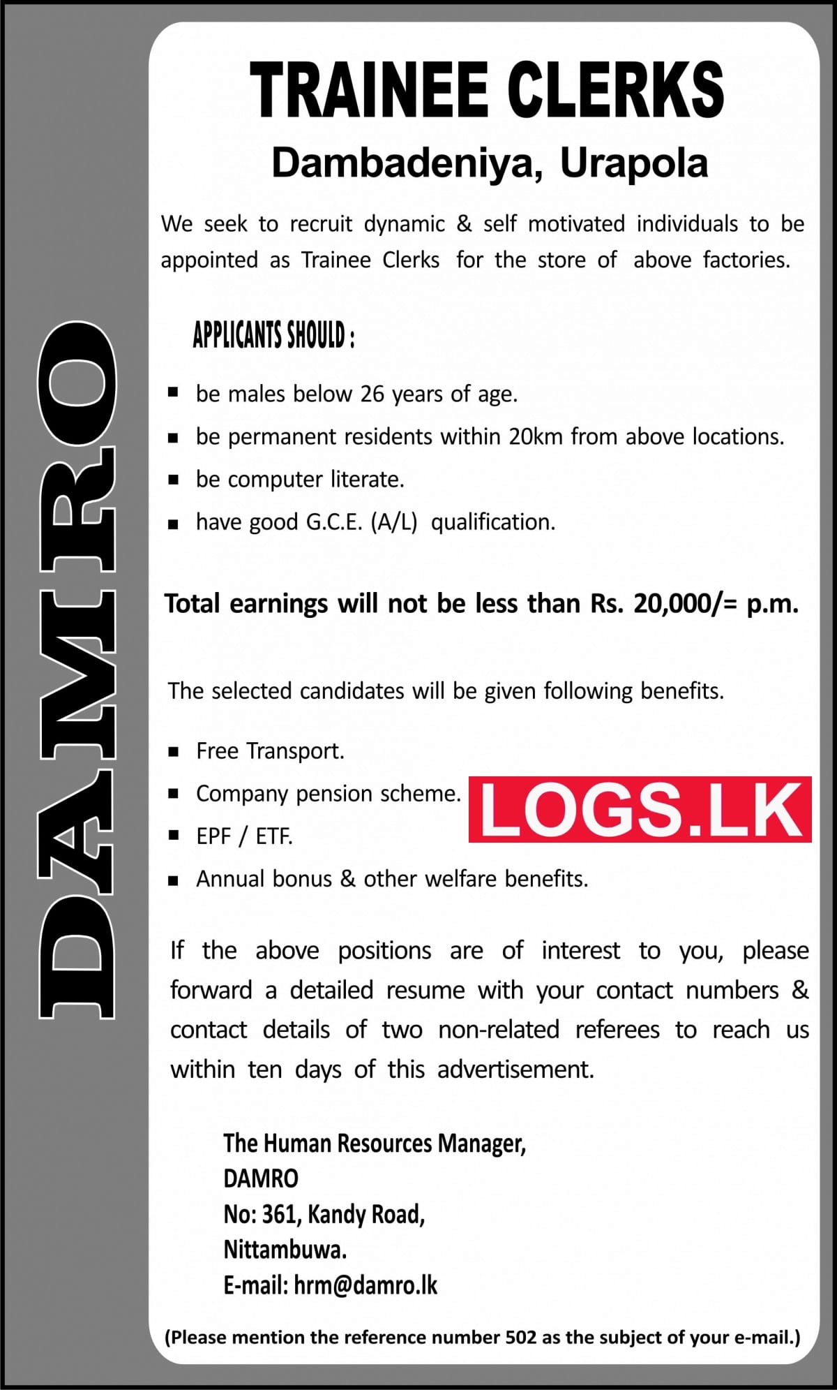 Trainee Clerks Jobs Vacancies in DAMRO Jobs Vacancies