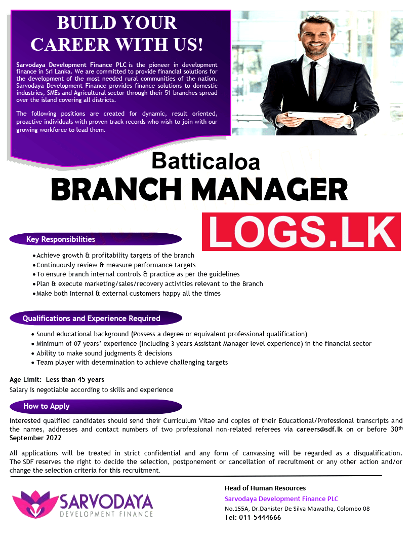 Branch Manager Job Vacancy in Batticaloa Sarvodaya Finance Jobs Vacancies