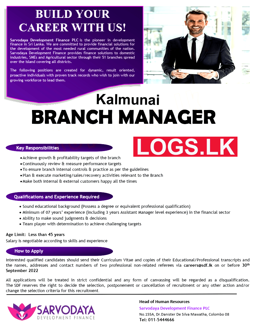 Branch Manager Job Vacancy in Kalmunai Sarvodaya Finance Jobs Vacancies