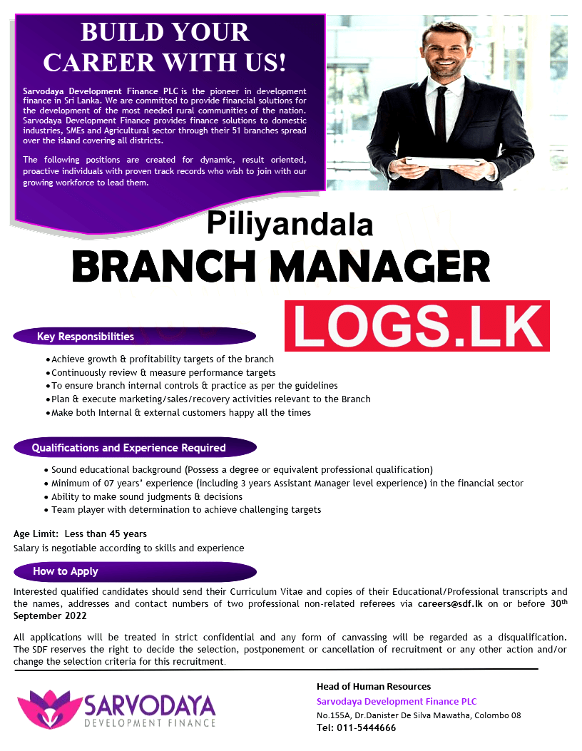 Branch Manager Job Vacancy in Piliyandala Sarvodaya Finance Jobs Vacancies