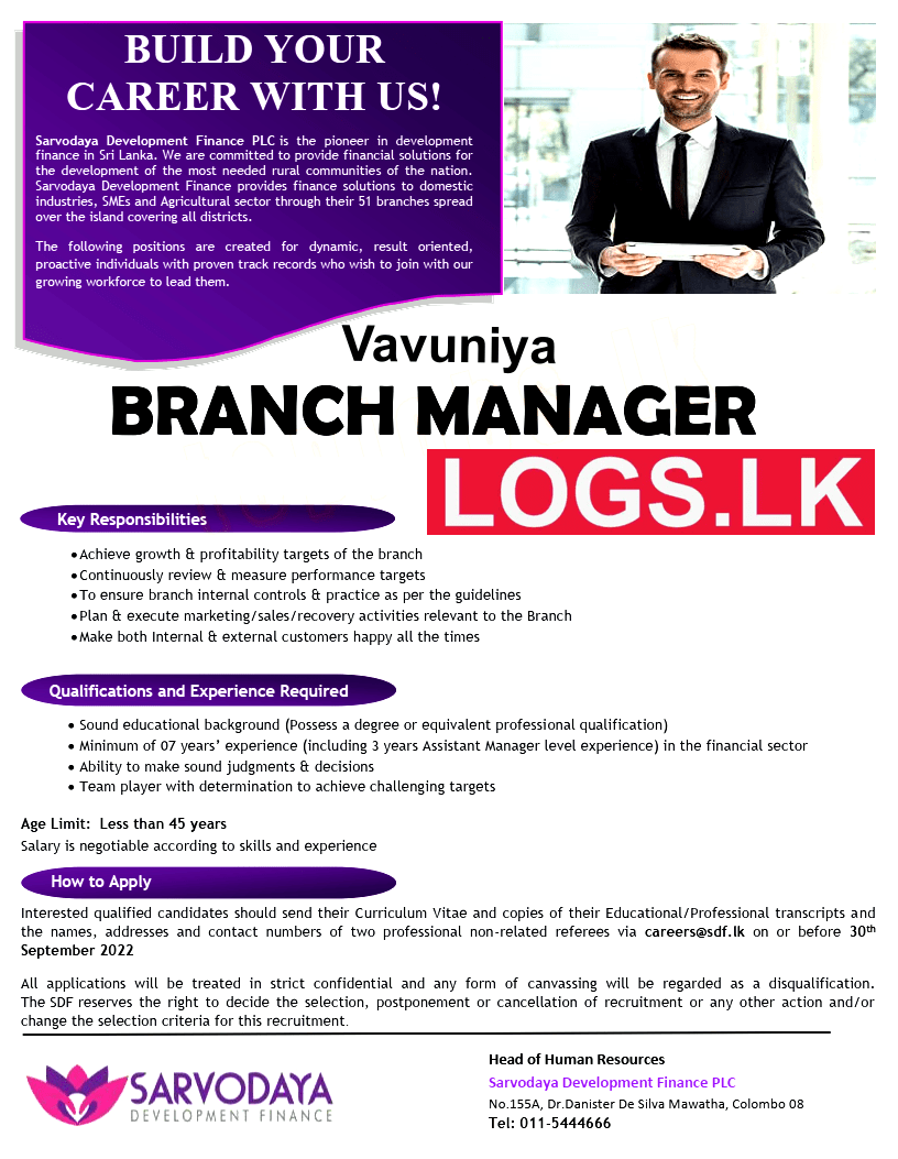 Branch Manager Job Vacancy in Vavuniya Sarvodaya Finance Jobs Vacancies