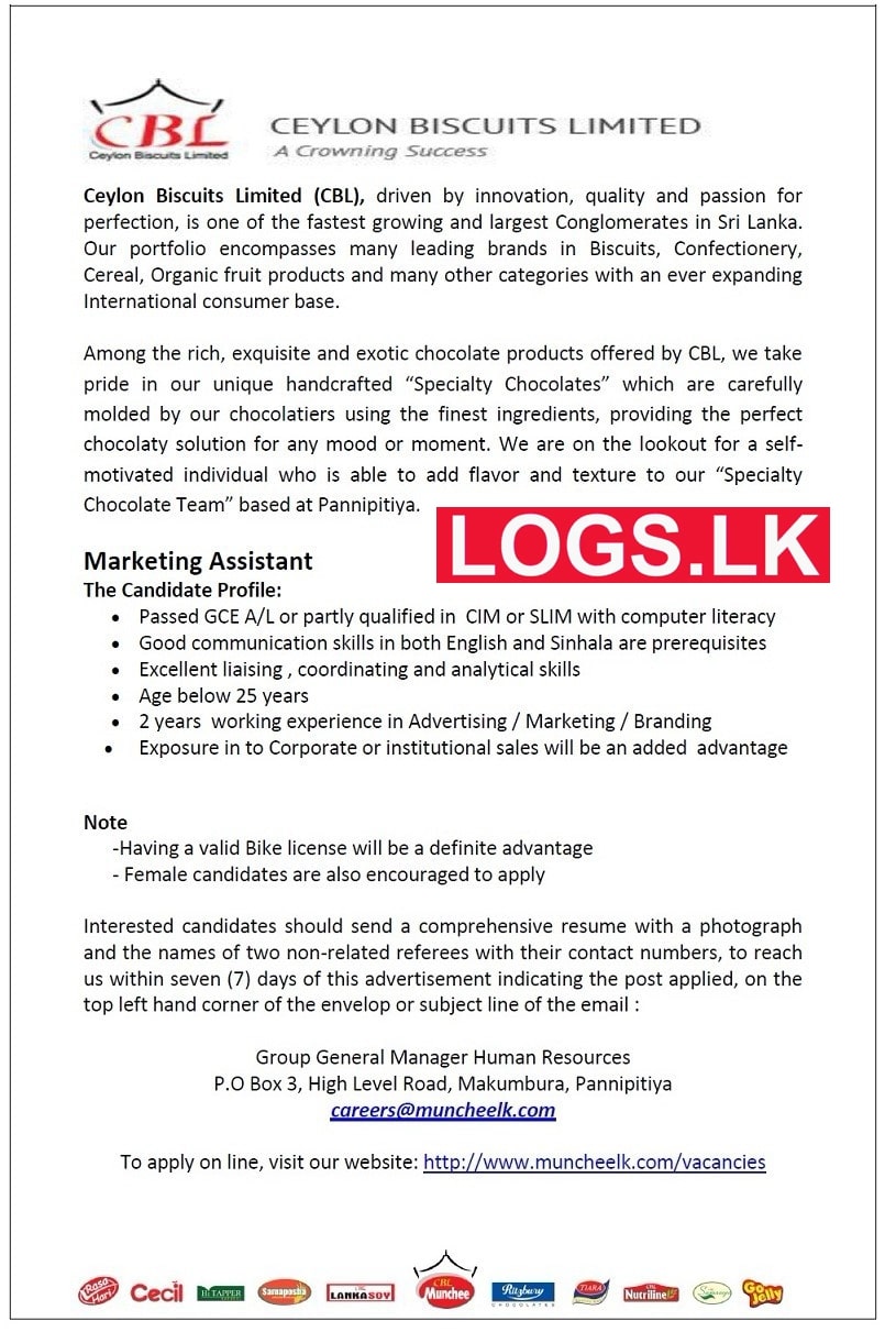Marketing Assistant Job Vacancy in Ceylon Biscuits Limited Jobs Vacancies