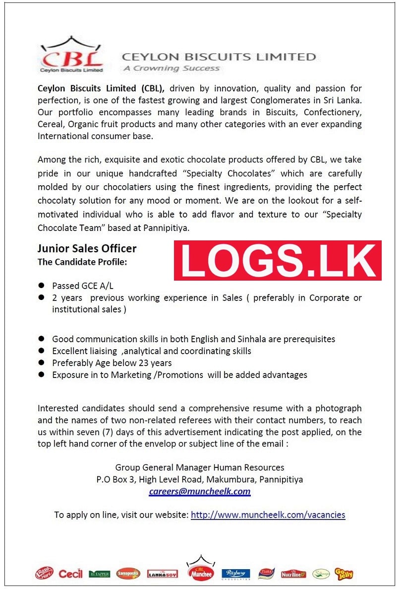 Junior Sales Officer Job Vacancy in Ceylon Biscuits Limited Jobs Vacancies