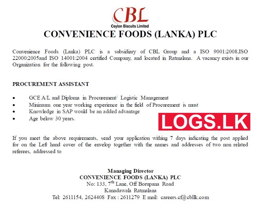 Procurement Assistant Job Vacancy in Ceylon Biscuits Limited