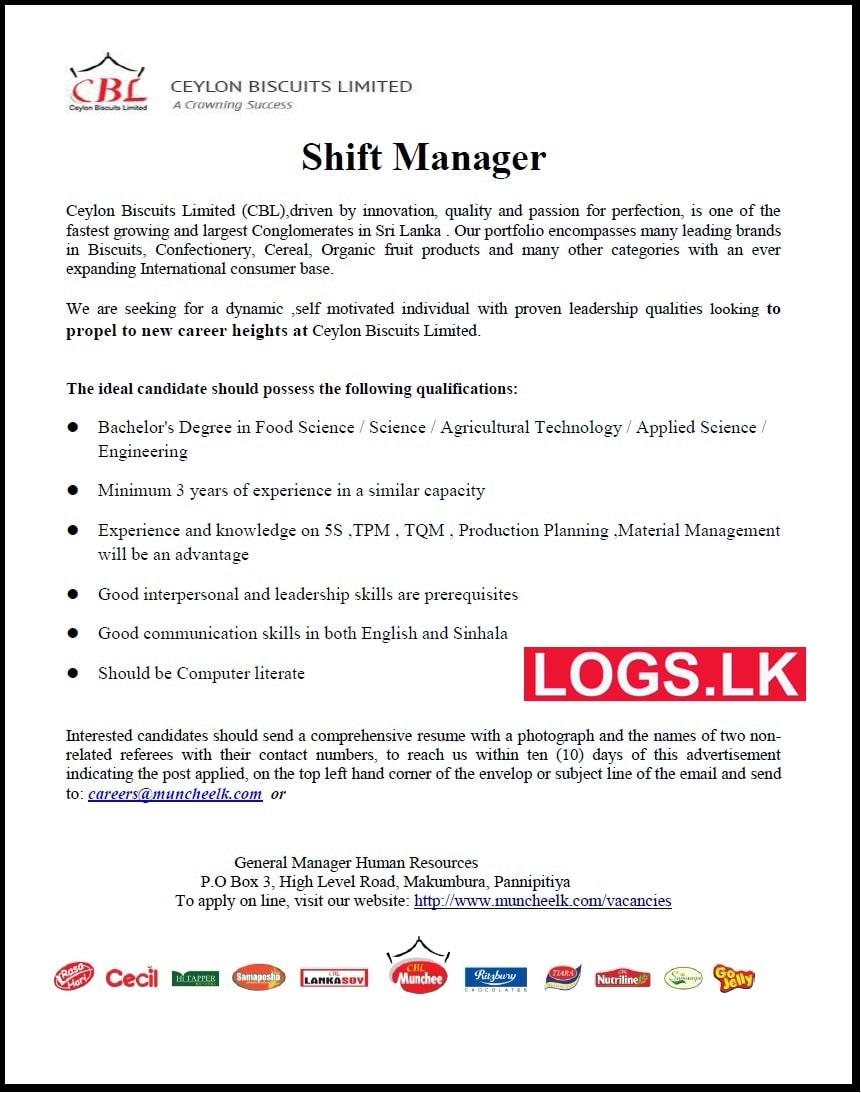 Shift Manager Job Vacancy in Ceylon Biscuits Limited
