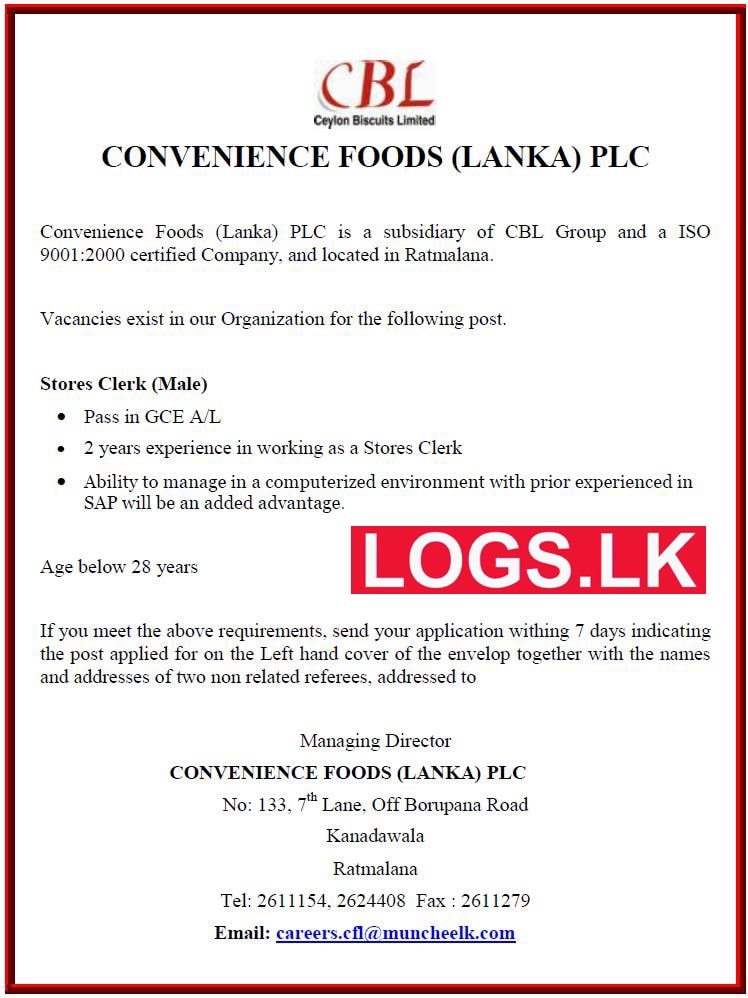 Stores Clerk (Male) Job Vacancy in Ceylon Biscuits Limited