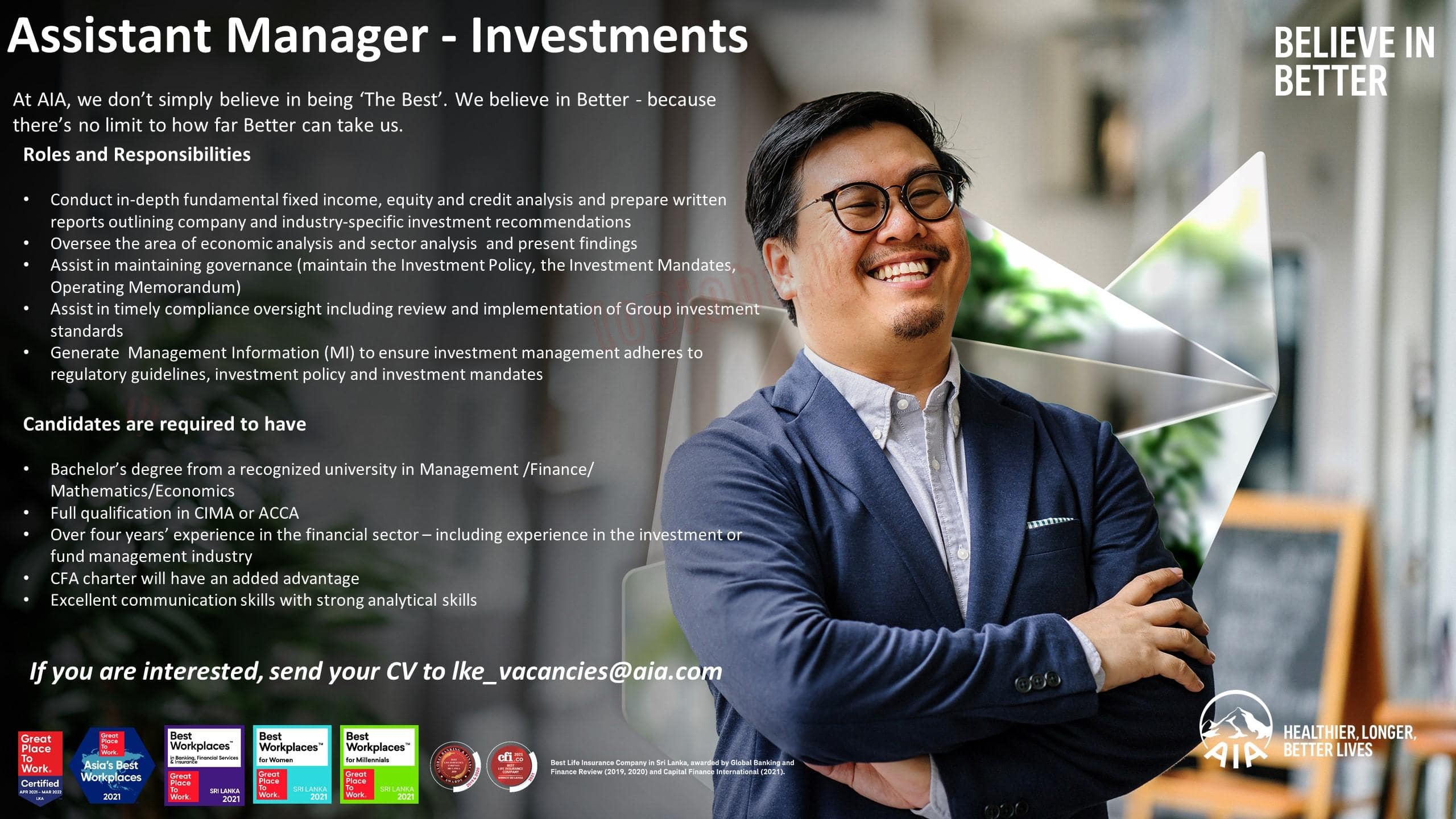 Assistant Manager - Investments Vacancy in AIA Insurance