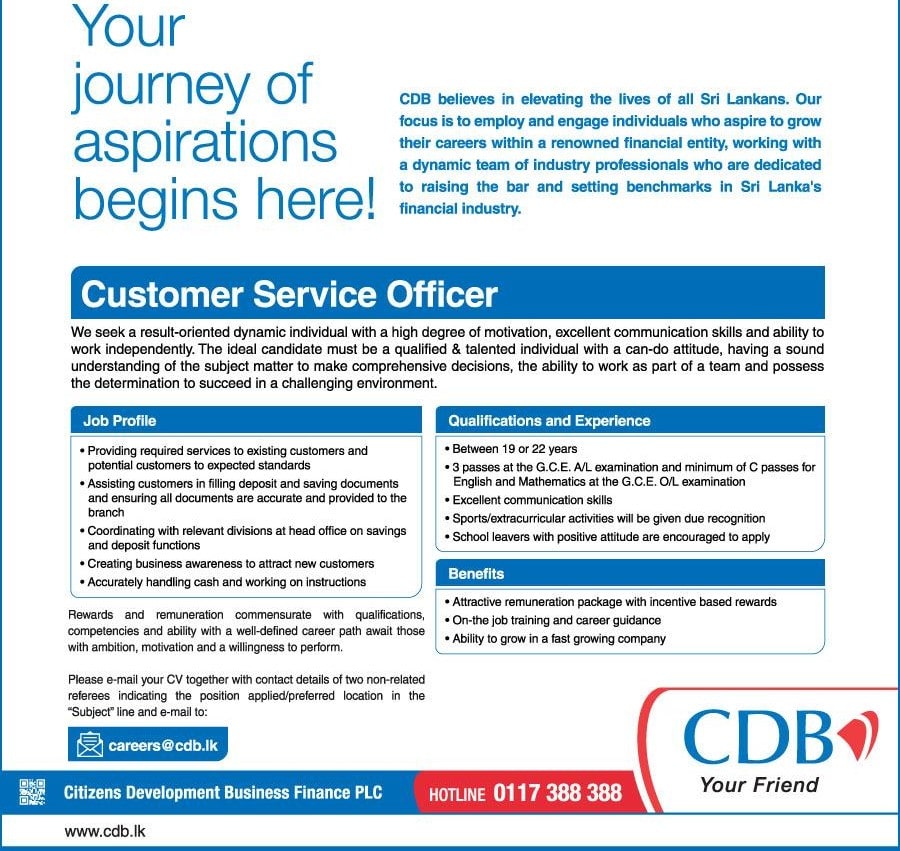 Customer Service Officer Island Wide Job Vacancy in CDB Finance Jobs Vacancies
