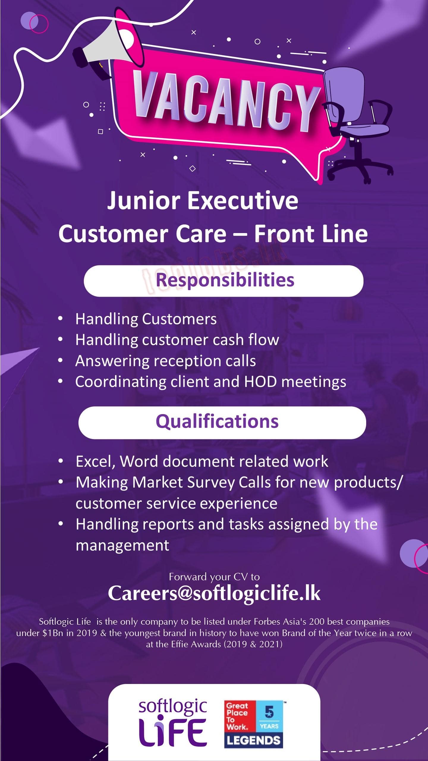 Junior Executive - Customer Care - Front Line - Softlogic Life Insurance Jobs Vacancies