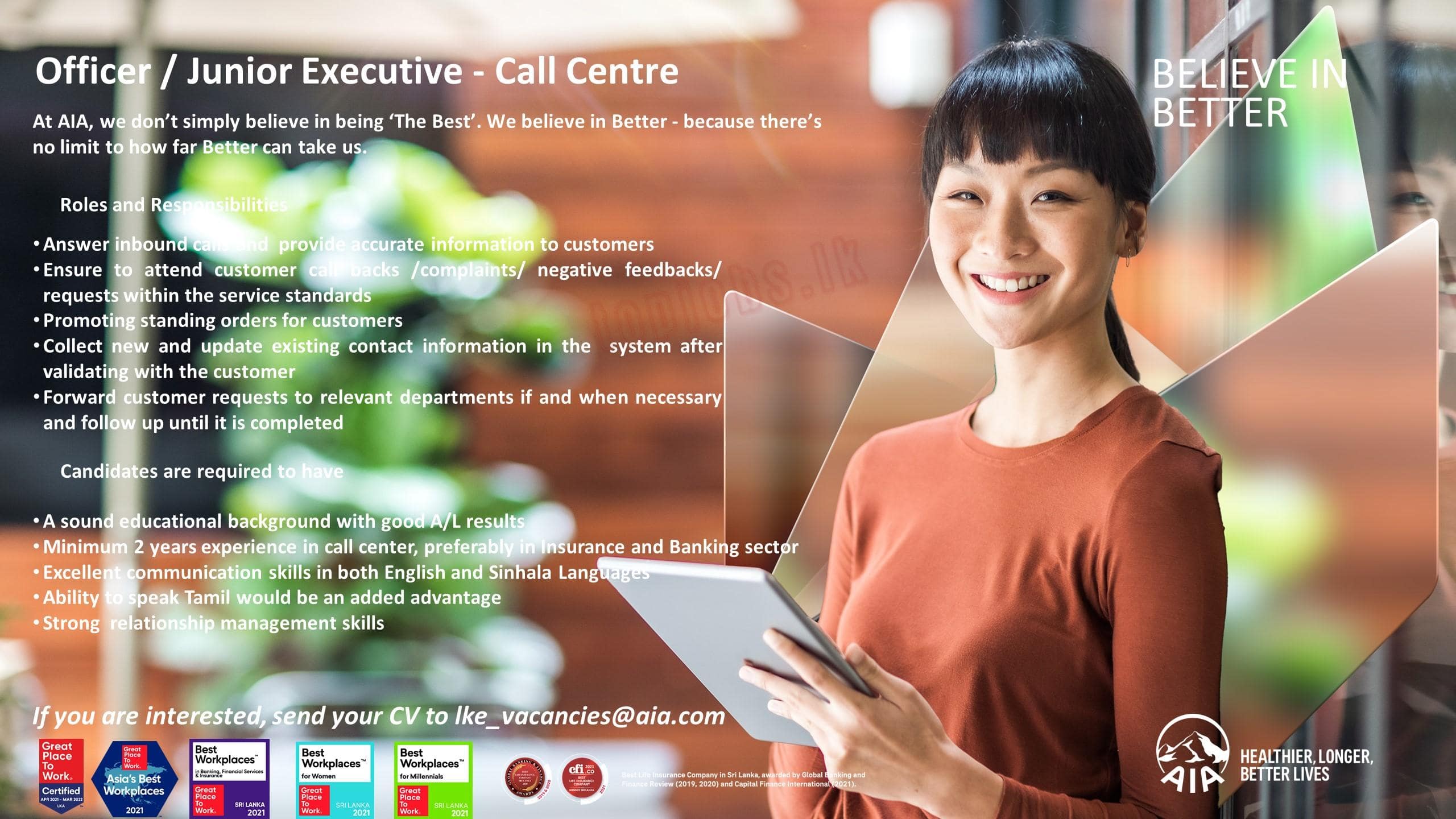 Officer / Junior Executive - Call Centre Job Vacancy in AIA