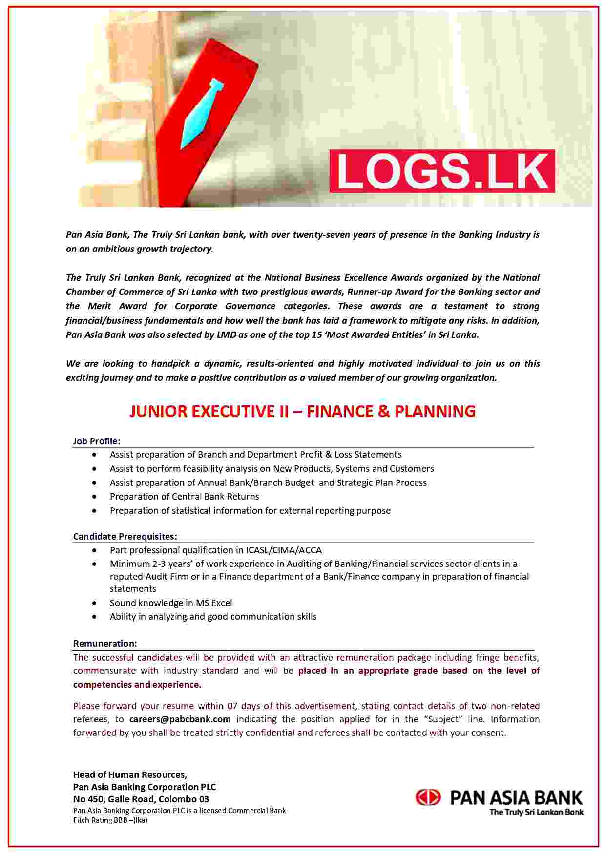 Junior Executive II - Finance and Planning - Pan Asia Bank Jobs Vacancies