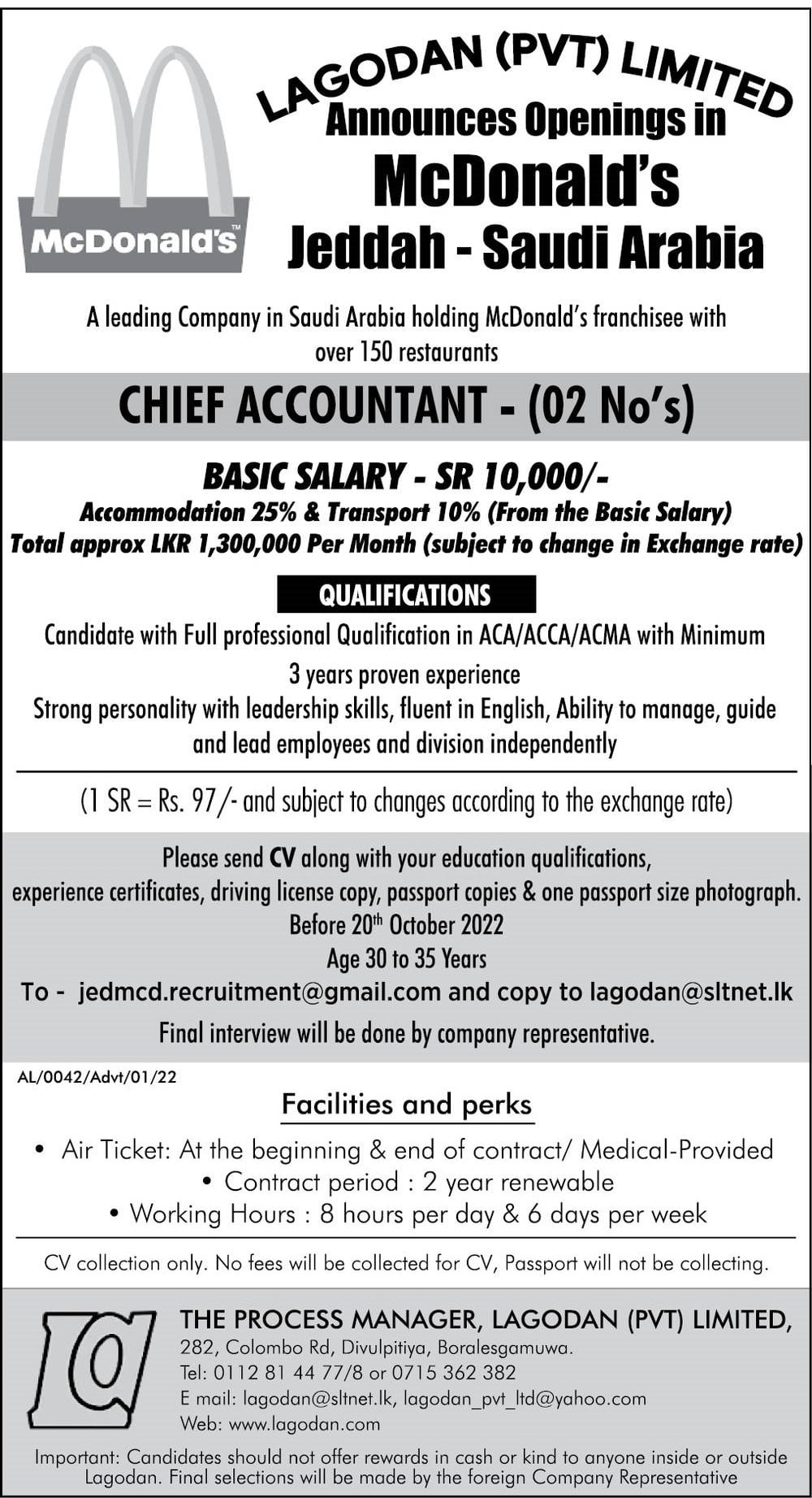 Chief Accountant Job Vacancy in McDonald's Jobs Vacancies
