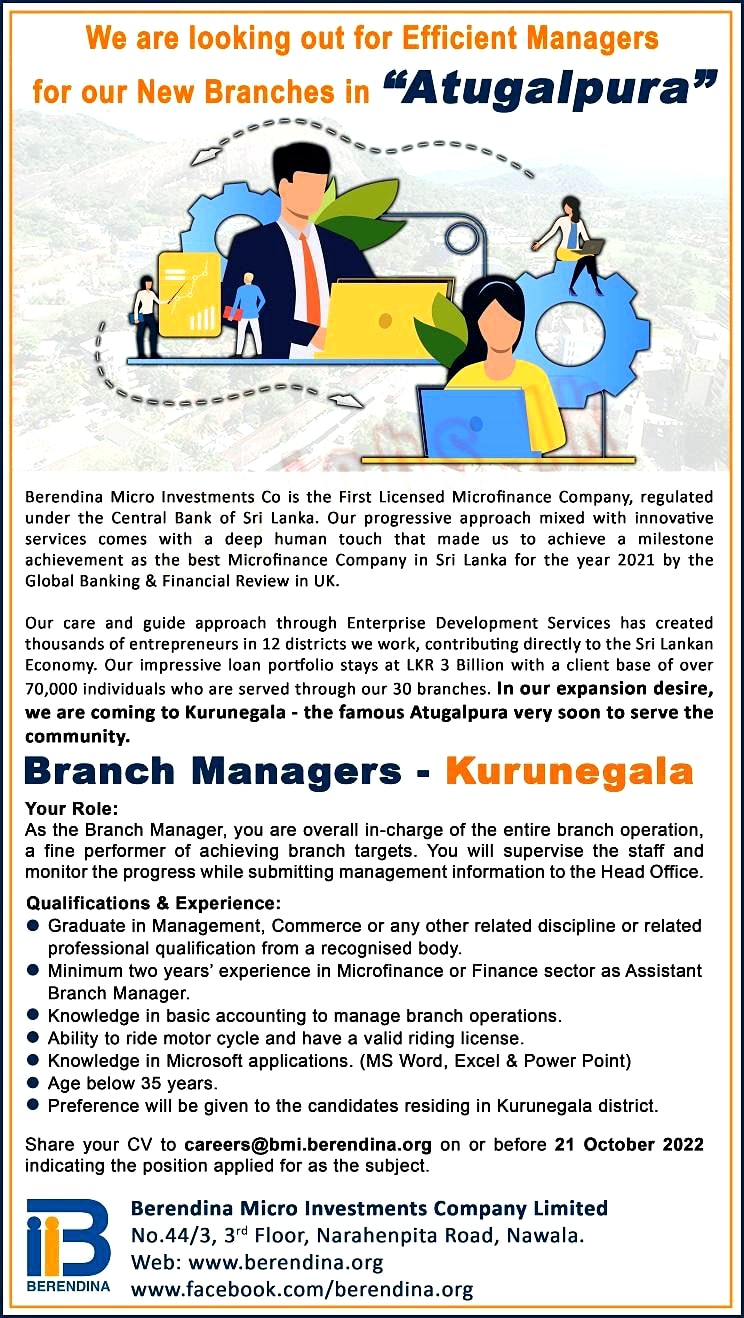 Branch Managers Job Vacancy in Kurunegala District Berendina Jobs Vacancies
