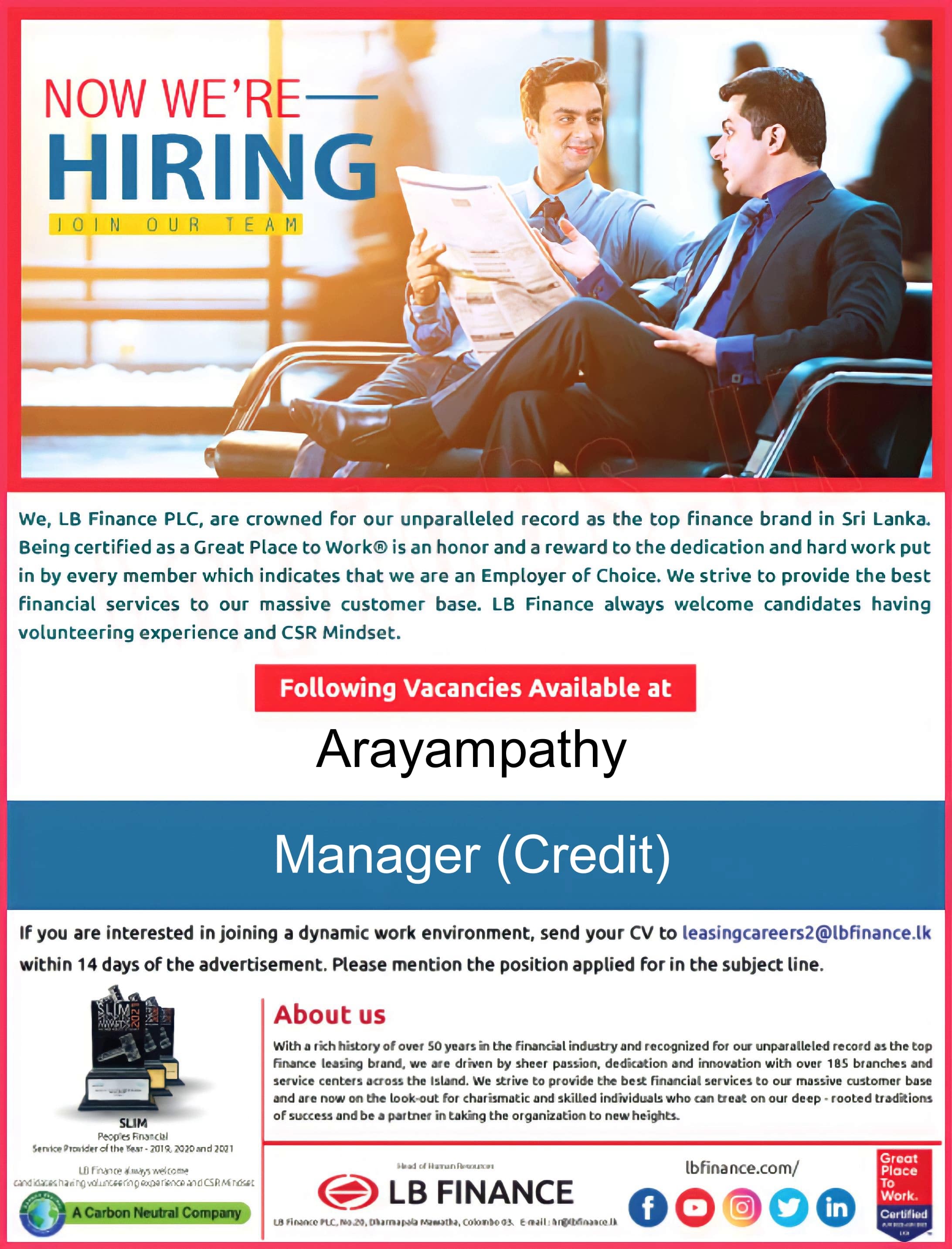 Manager (Credit) Job Vacancy in Arayampathy LB Finance Jobs Vacancies