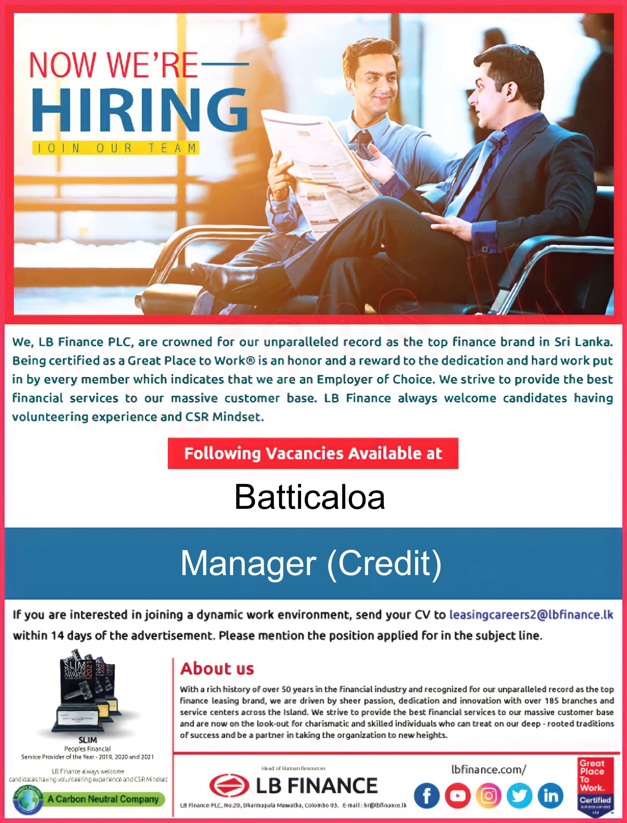 Manager (Credit) Job Vacancy in Batticaloa LB Finance Jobs Vacancies