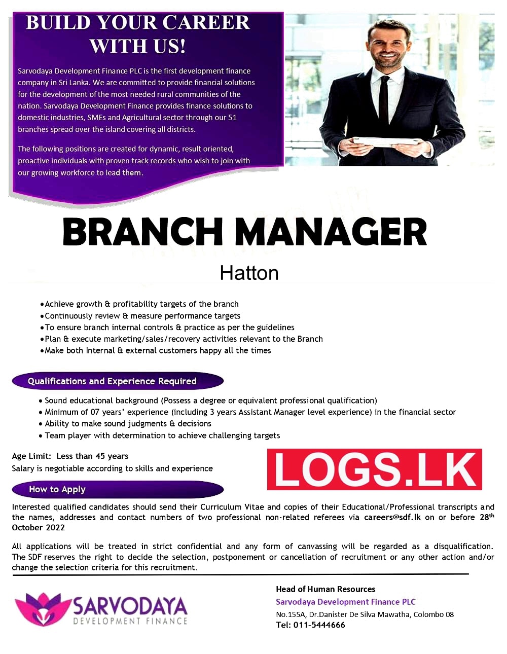 Branch Manager Job Vacancy in Hatton in Sarvodaya Finance Jobs Vacancies