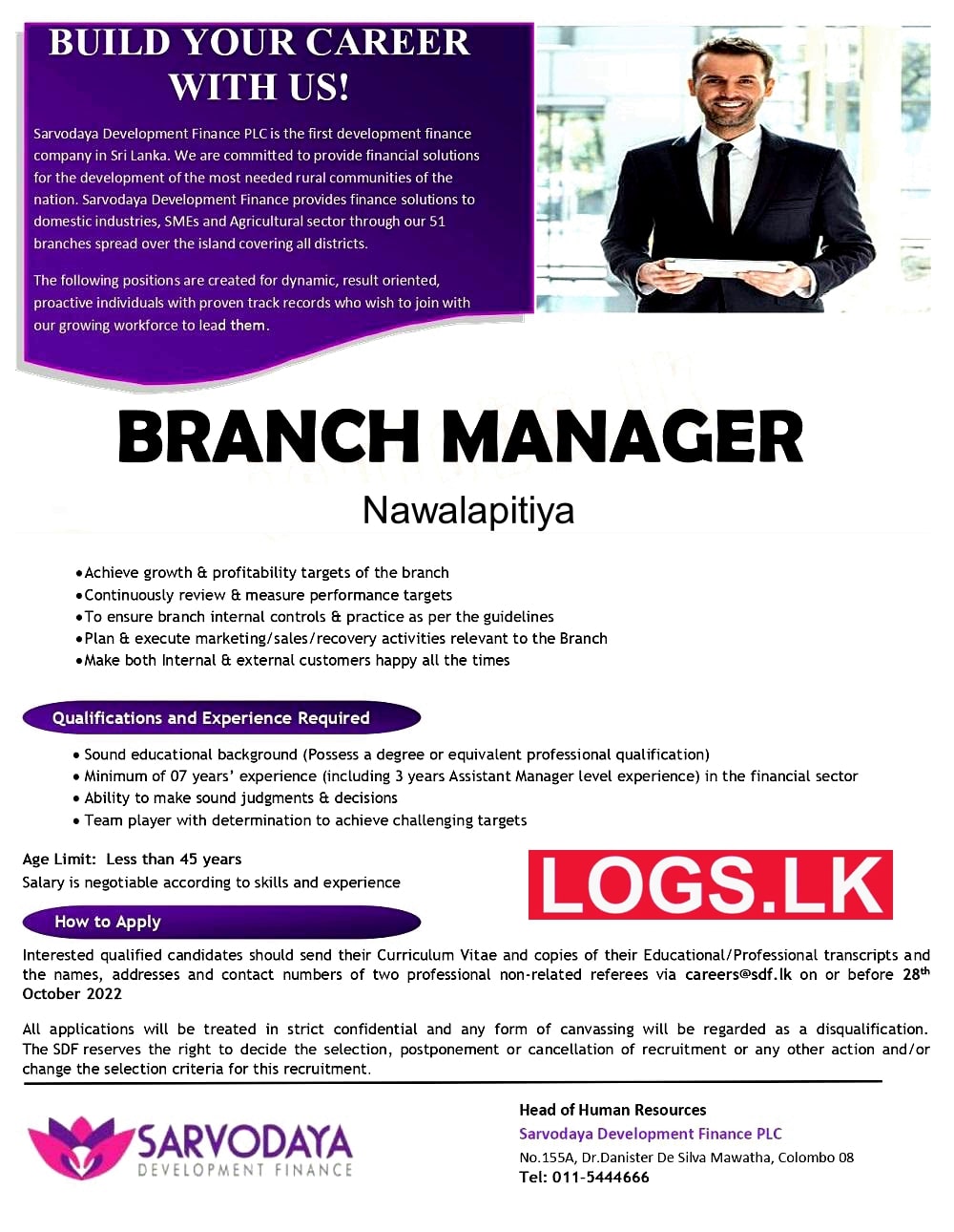 Branch Manager Job Vacancy in Nawalapitiya in Sarvodaya Finance Jobs Vacancies