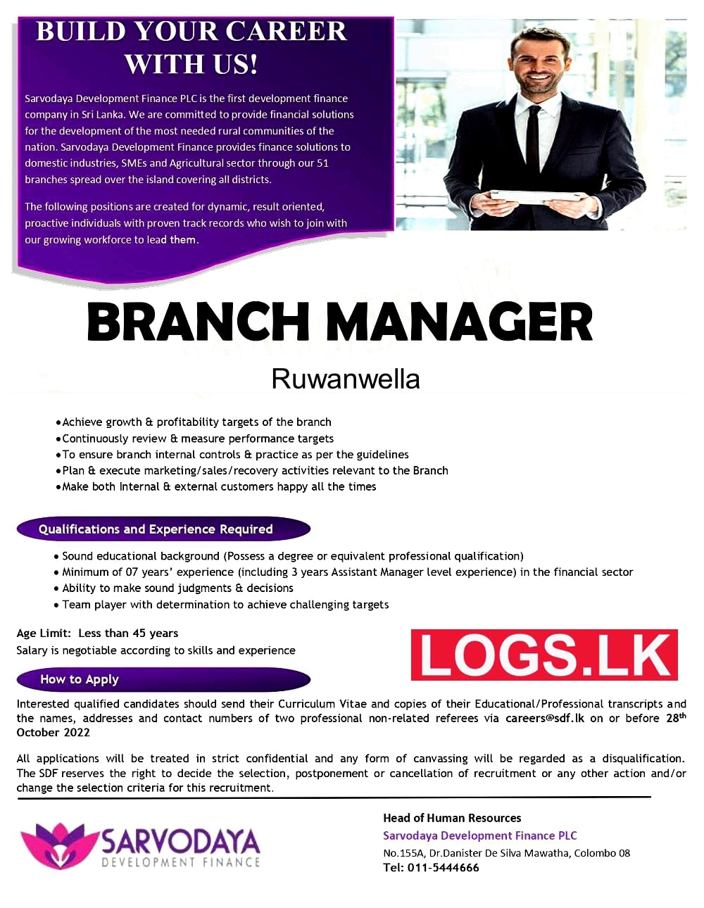 Branch Manager Job Vacancy in Ruwanwella in Sarvodaya Finance Jobs Vacancies