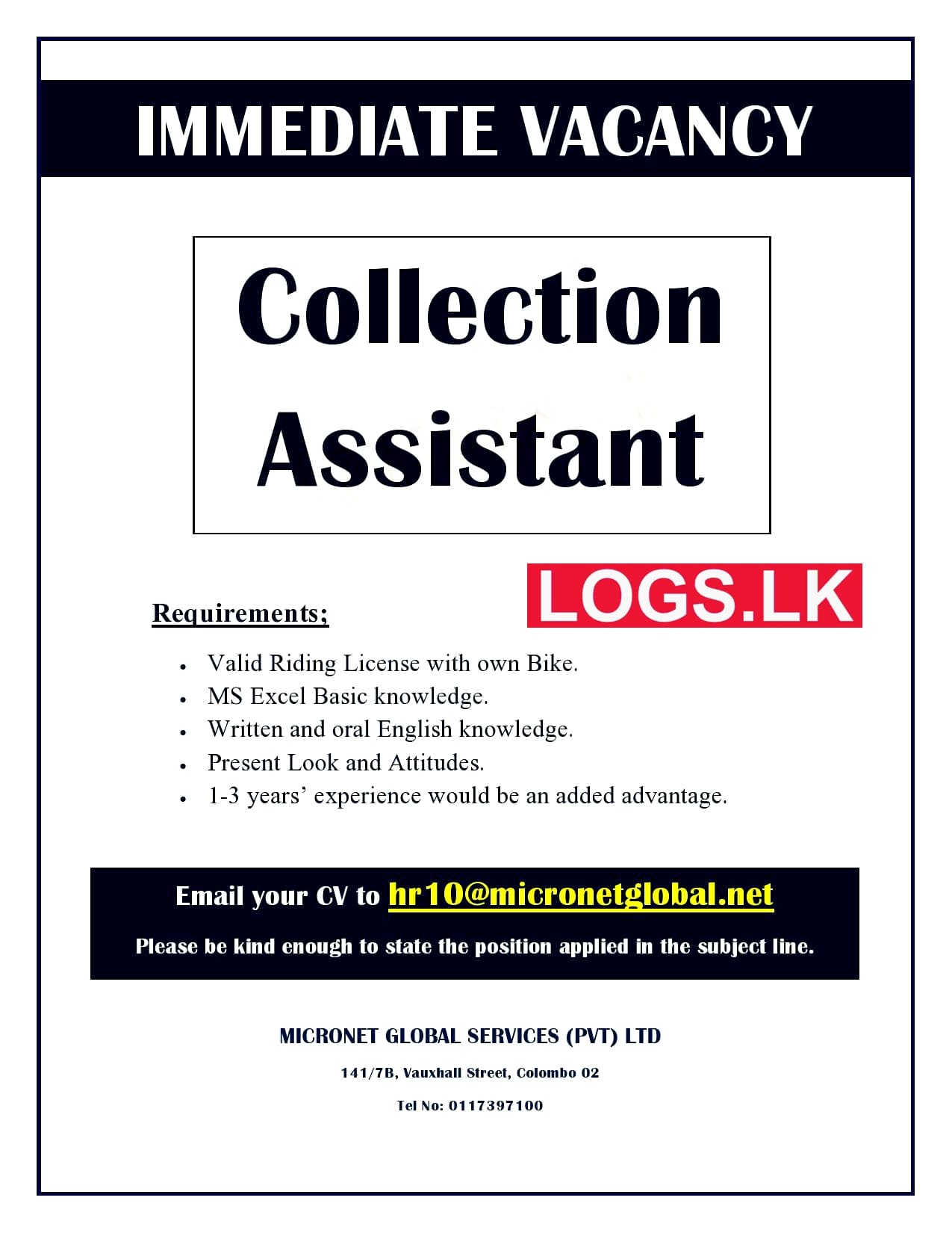 Collection Assistant Job Vacancy in Micronet Global Services Jobs Vacancies