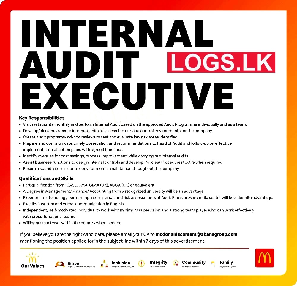 Internal Audit Executive Job Vacancy in McDonald's Sri Lanka