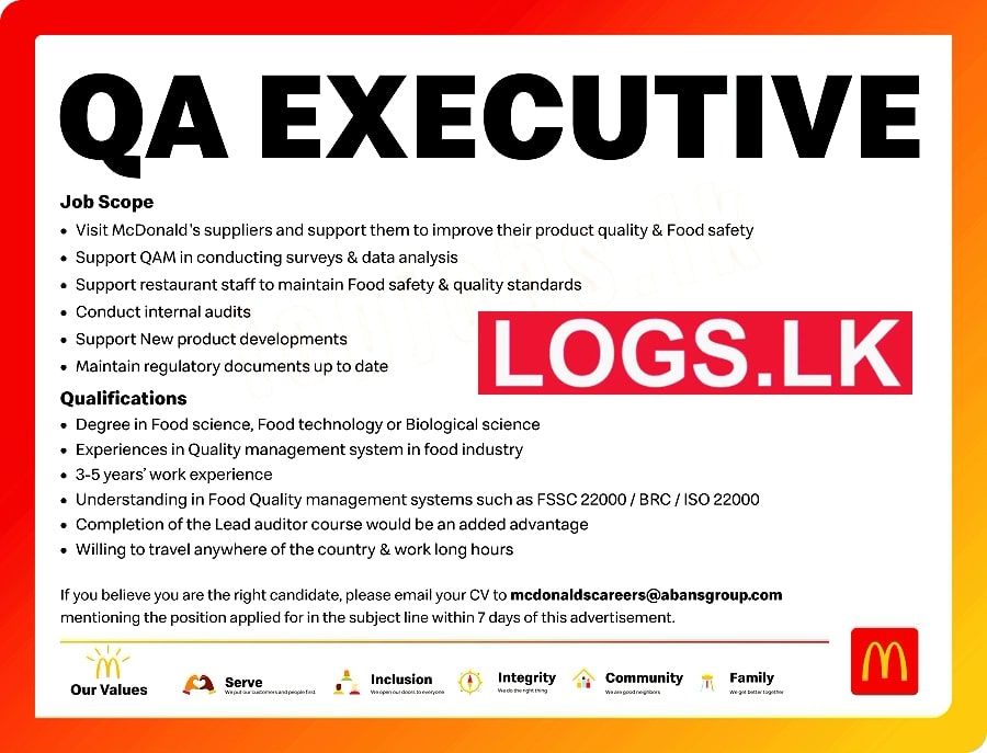 QA Executive Job Vacancy in McDonald's Sri Lanka Jobs Vacancies