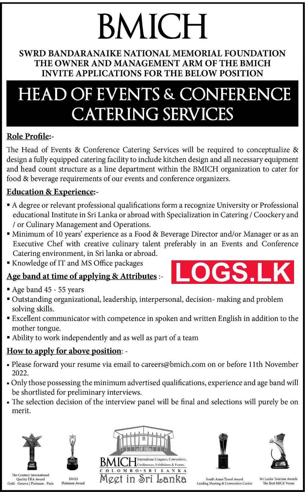 Head of Events & Conference Catering Services Job Vacancy in BMICH Jobs Vacancies