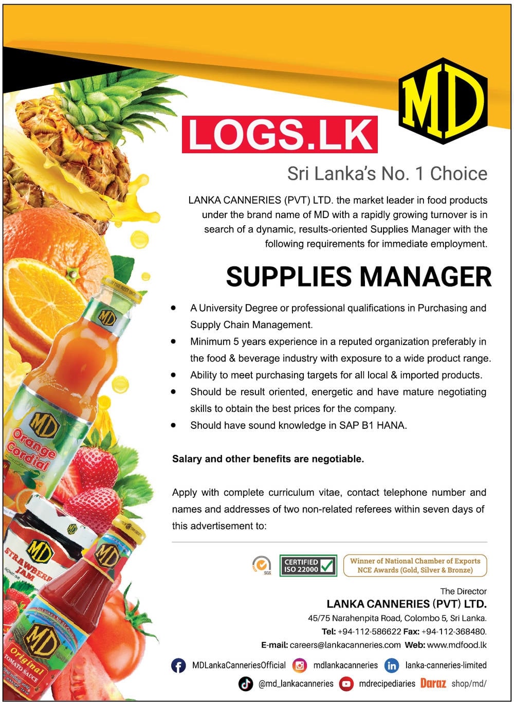 Supplies Manager Job Vacancy in Lanka Canneries Jobs Vacancies