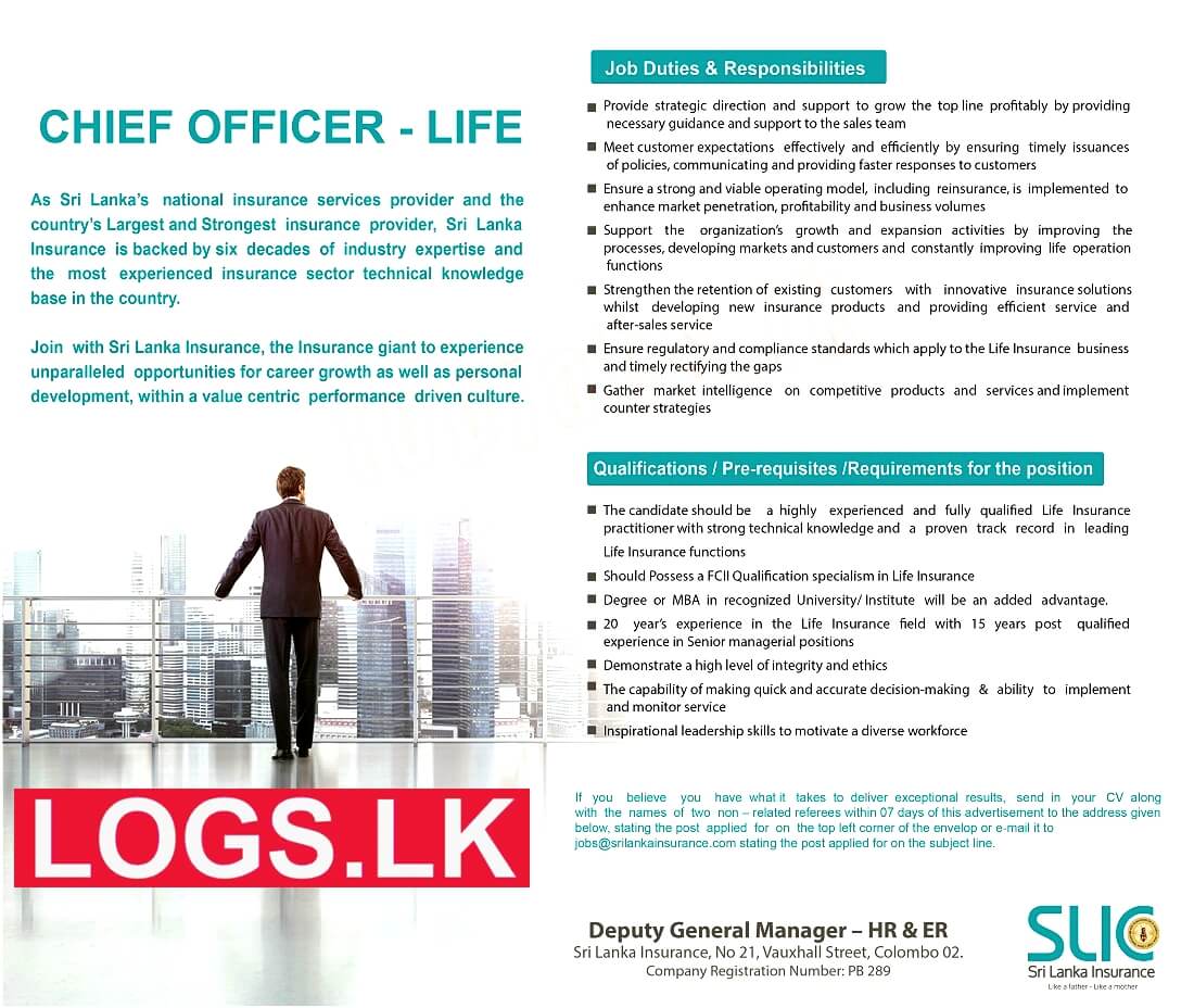Chief Officer - Life Job Vacancy in Sri Lanka Insurance Jobs Vacancies
