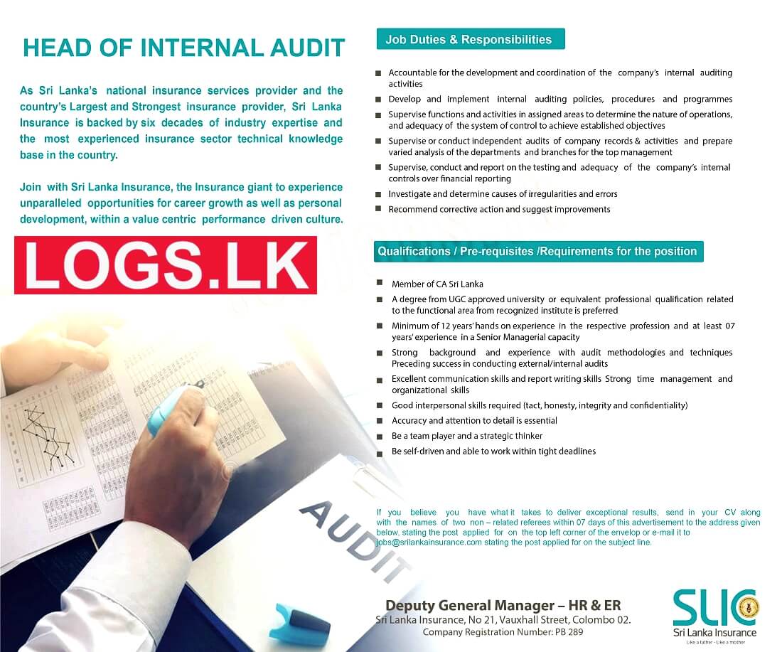 Head of Internal Audit Job Vacancy in Sri Lanka Insurance Jobs Vacancies
