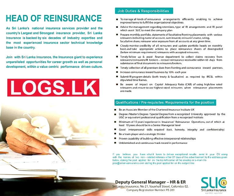 Head of Reinsurance Job Vacancy in Sri Lanka Insurance Jobs Vacancies in SLIC