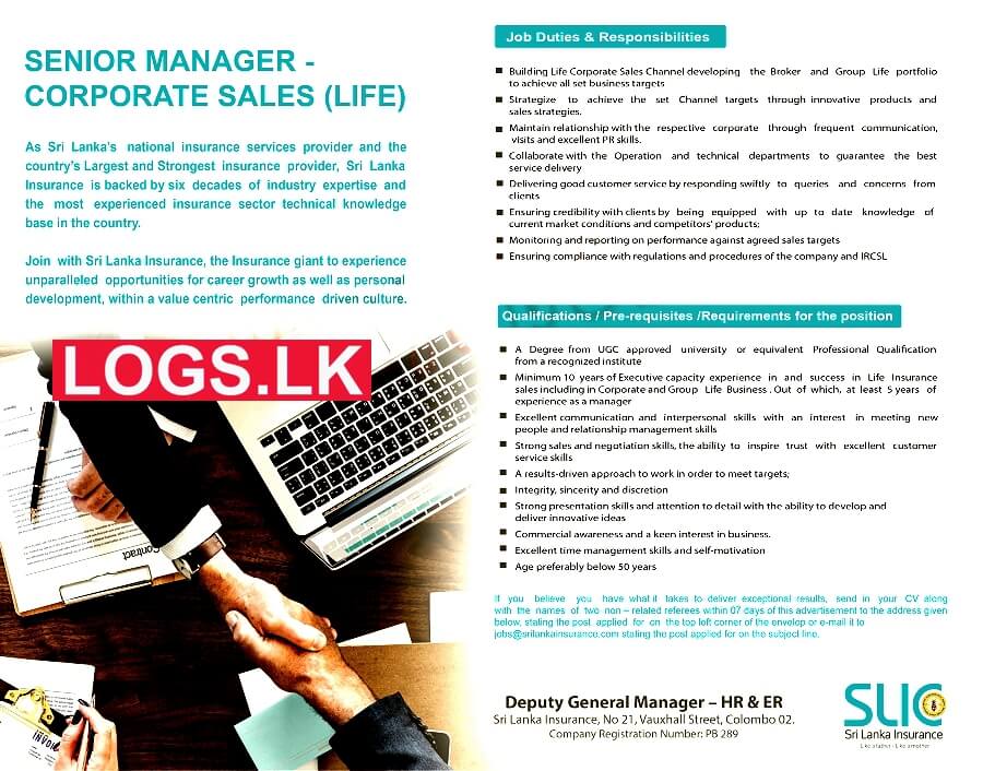 Senior Manager - Corporate Sales (Life) Job Vacancy in SLIC Jobs Vacancies