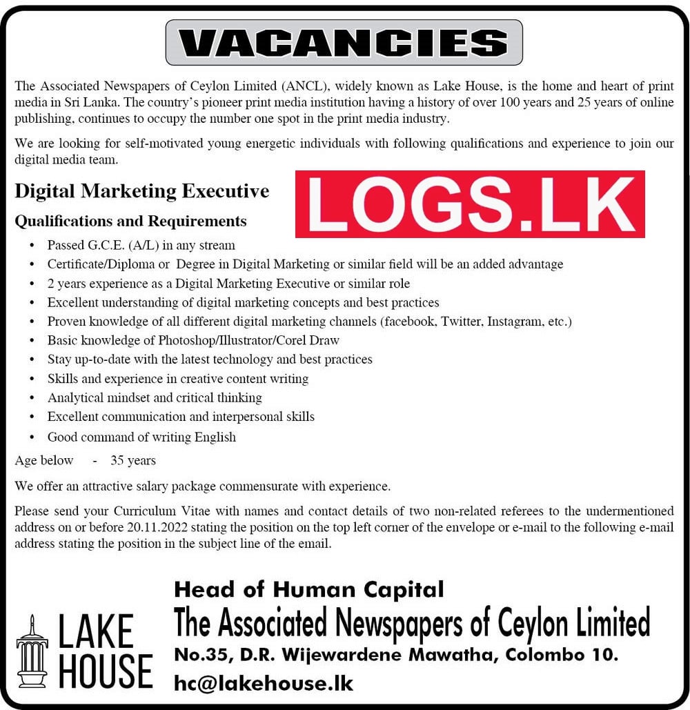 Digital Marketing Executive Job Vacancy in Associated Newspapers of Ceylon Jobs Vacancies