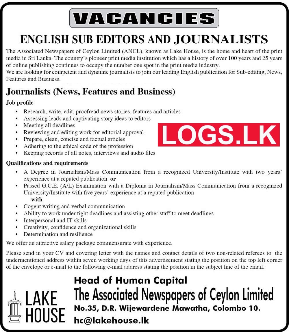 Journalists Jobs Vacancies in Associated Newspapers of Ceylon Job Vacancy Details, Application Form Download