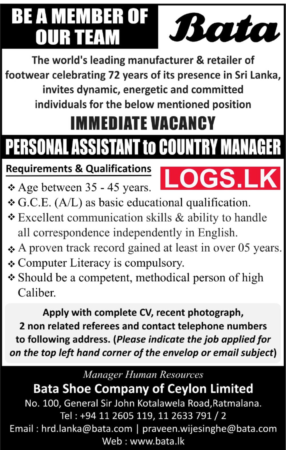 Personal Assistant Job Vacancy in Bata Shoe Company of Ceylon Jobs Vacancies