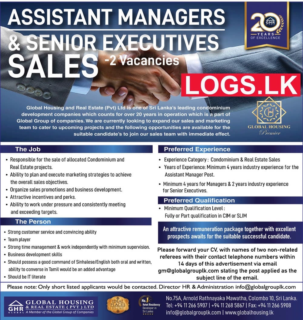 Assistant Managers Jobs Vacancies in Global Housing & Real Estate Job Vacancy Details, Application Form