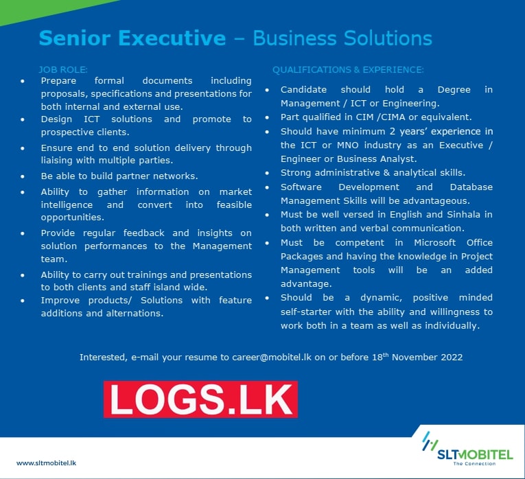 Senior Executive - Business Solutions Job Vacancy in Mobitel Jobs Vacancies Details, Application Form Download